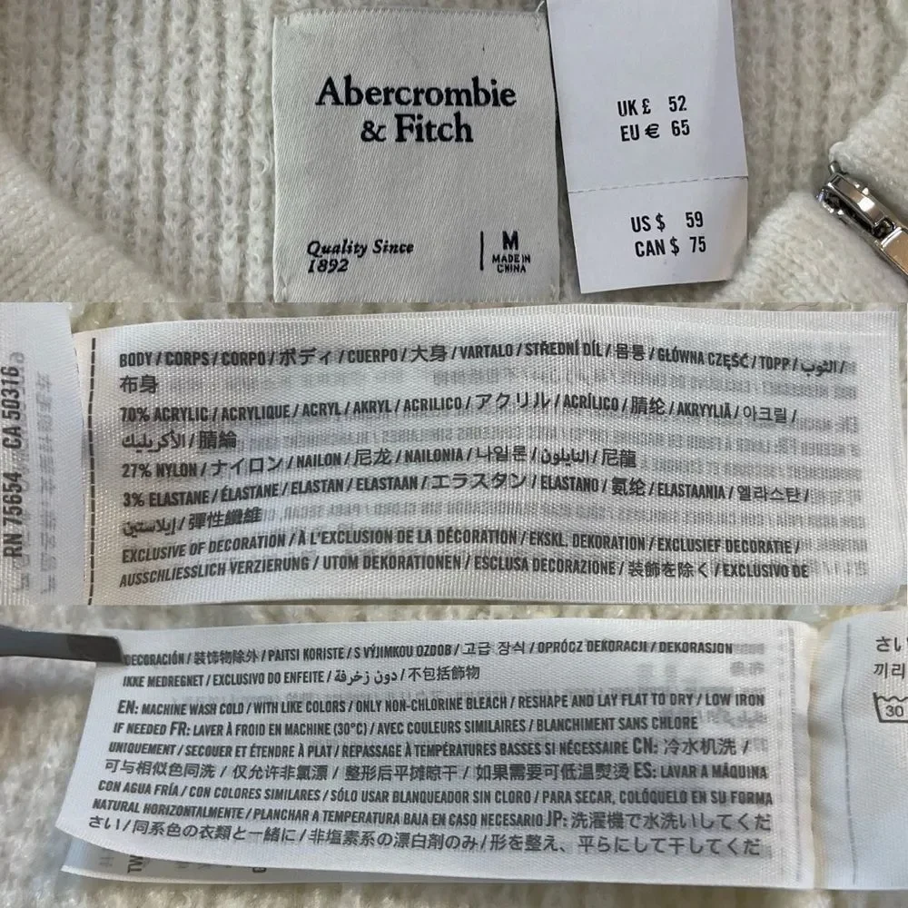 Abercrombie & Fitch Crewneck Knit Sweater | Zip Shoulder Cream NWT